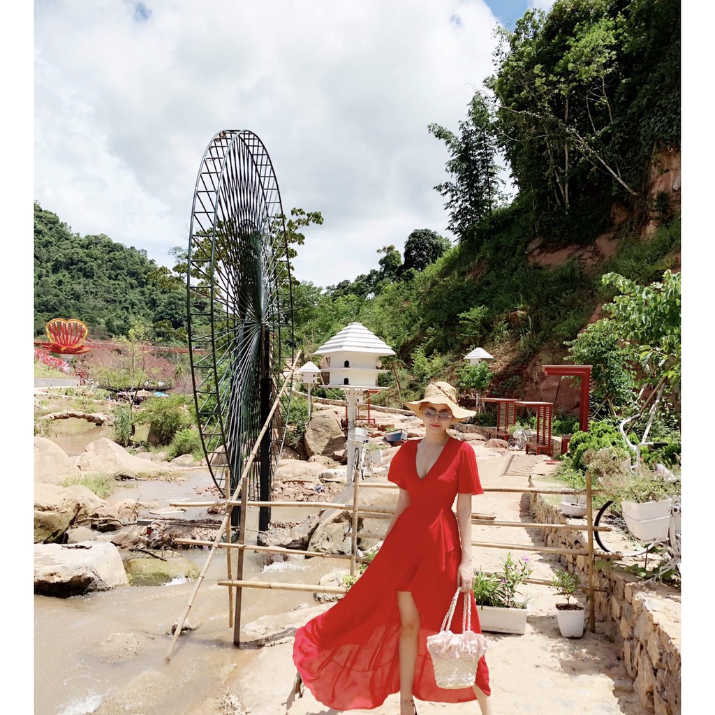 Đầm maxi trắng, đỏ tà xéo sang trọng - Hình thật SP 100%