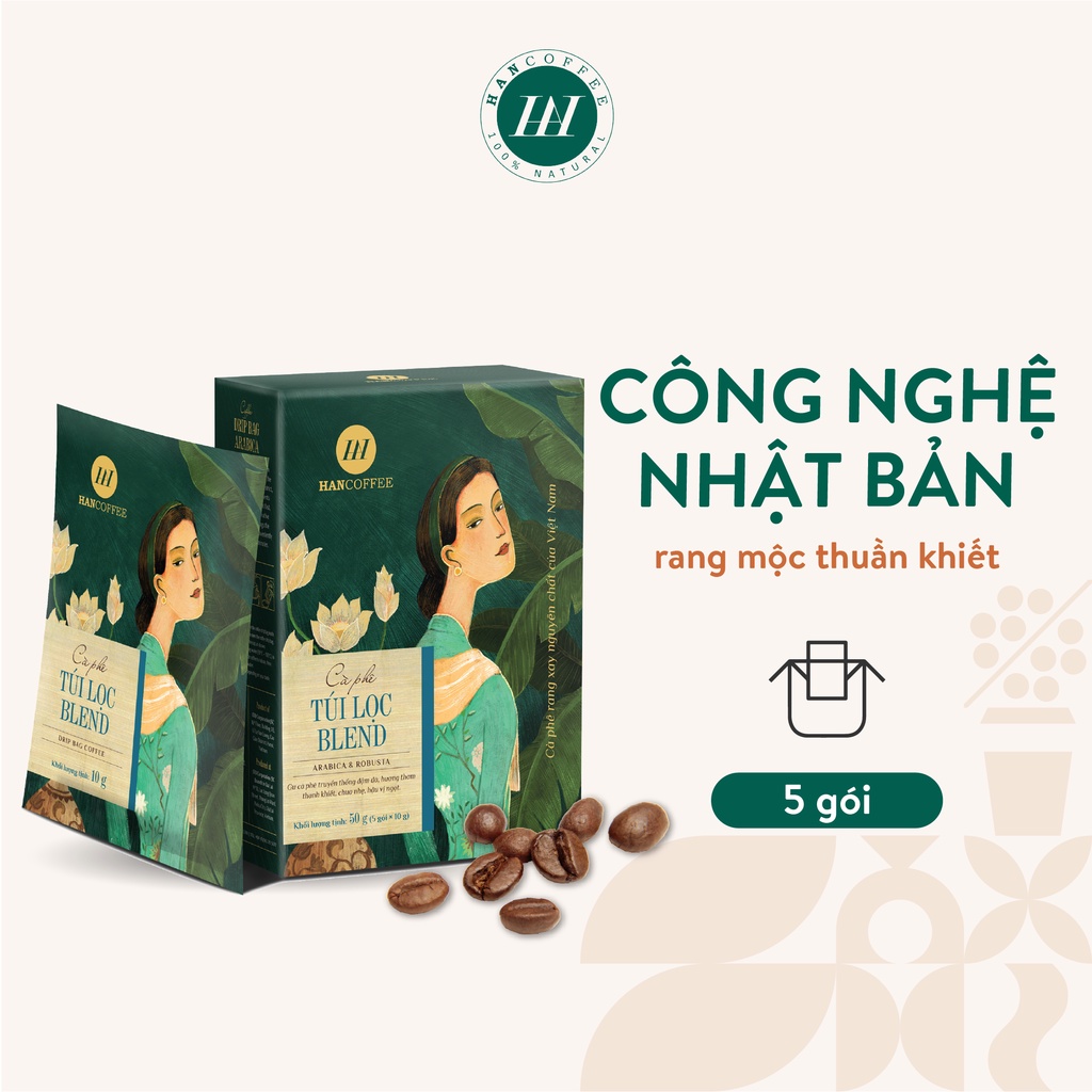 Cà Phê Phin Giấy Túi Lọc Nguyên Chất Tiện Lợi  HANCOFFEE Blend Đắng Nhẹ, Ngọt Sâu Hộp 5 gói - HND2