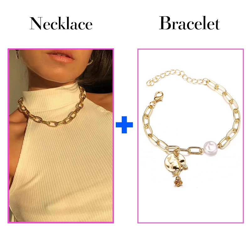 Bộ dây chuyền choker và vòng tay kim loại kiểu dáng đơn giản thời trang dành cho nữ