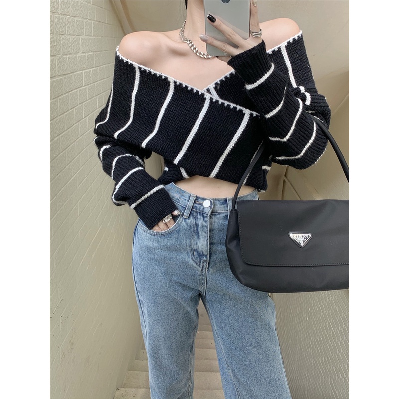 ZHELIHANGFEI Áo Sweater Tay Dài Trễ Vai Lưng Cao Kiểu Dáng Quyến Rũ