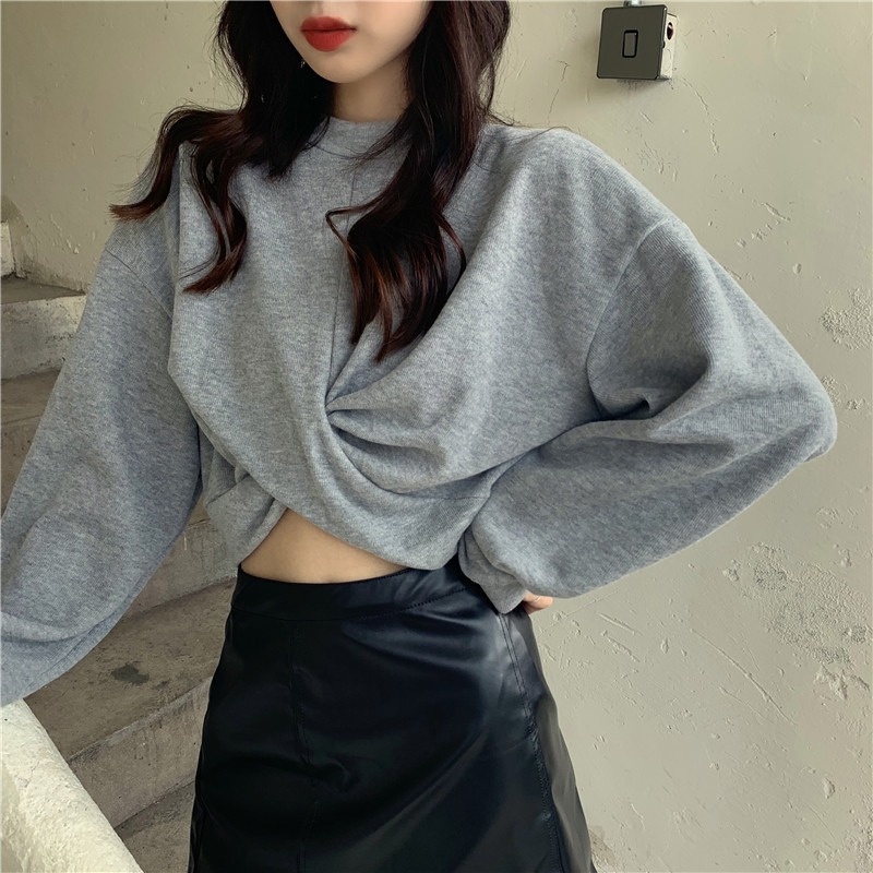 ZHELIHANGFEI Áo Sweater tay dài chéo lưng cao rốn gợi cảm
