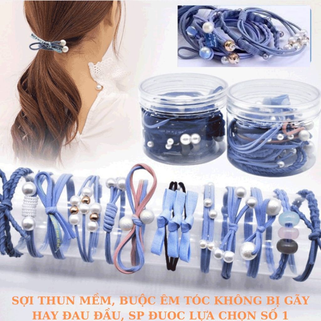 Set 12 Chun Buộc Tóc Sang Trọng Kèm Hộp Đa Dạng gồm 12 mẫu khác nhau cho Mẹ và Bé - Buộc êm tóc không bị đau gãy tóc