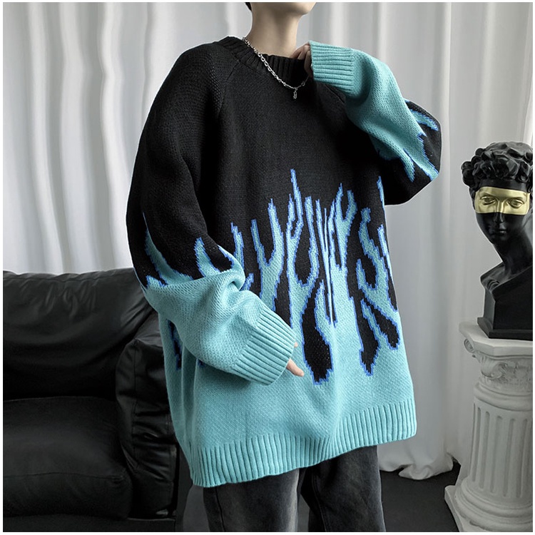 Áo sweater len nam form rộng, áo len nam sweater họa tiết lửa xanh áo khoác local brand unisex form rộng unisex misudo