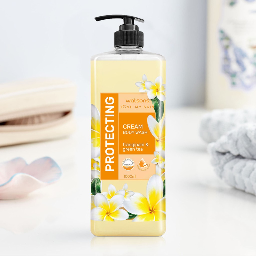 Kem Tắm Watsons Love My Skin Protecting Frangipani Green Tea Cream Body Wash Bảo Vệ Da 1000ml