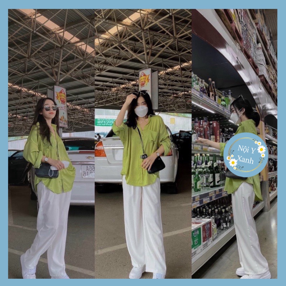 Set áo sơ mi xanh bơ Hình THẬT, phối quần suông trắng dáng dài chất tuyết mưa hottrend freesize nội y xanh chất mềm