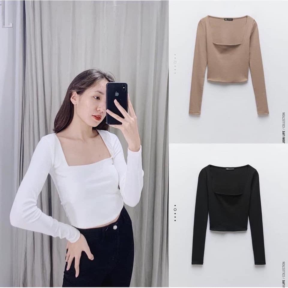 Áo Croptop Len ZIP Cổ Vuông Nữ 🌸 Thun tăm dài tay, phông trơn body dáng suông ôm màu ĐEN | TRẮNG | NUDE Ulzzang HOT 🌸