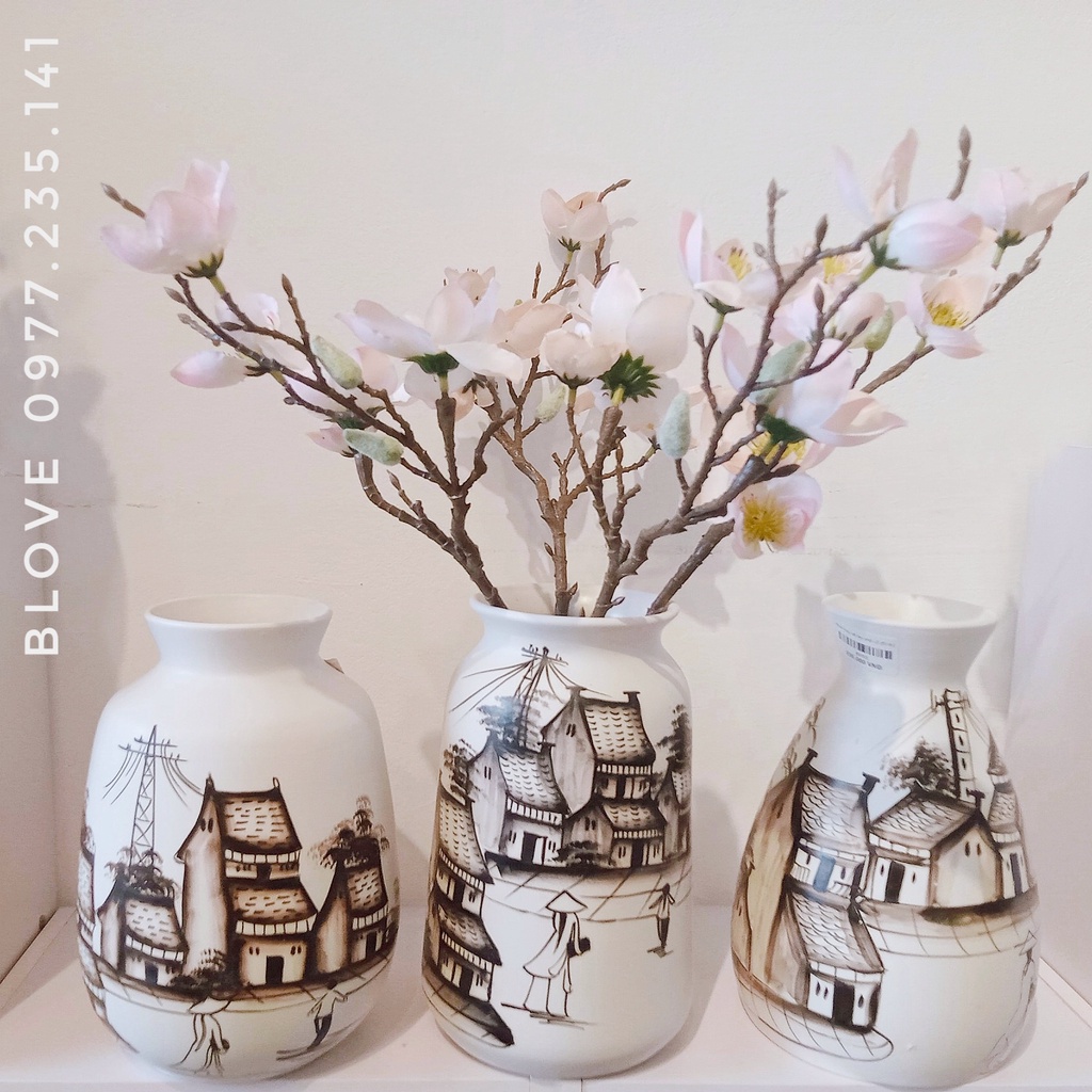 Quà tặng cao cấp,Bộ 3 bình hoa phố cổ,Gốm sứ bát tràng vẽ tay thủ công, Trang trí nhà cửa,decor cực xinh