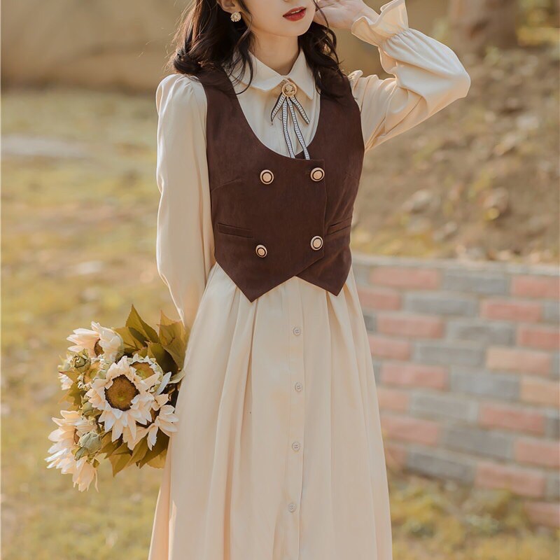 Sét Váy Và Áo Ghi Lê Nâu VinTage Tiểu Thư Cổ Điển  Chụp Ảnh Thời Trang Nữ M39