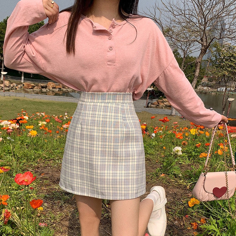 Chân Váy Ngắn Dáng Chữ A Lưng Cao Họa Tiết Sọc Caro Thời Trang Cho Nữ