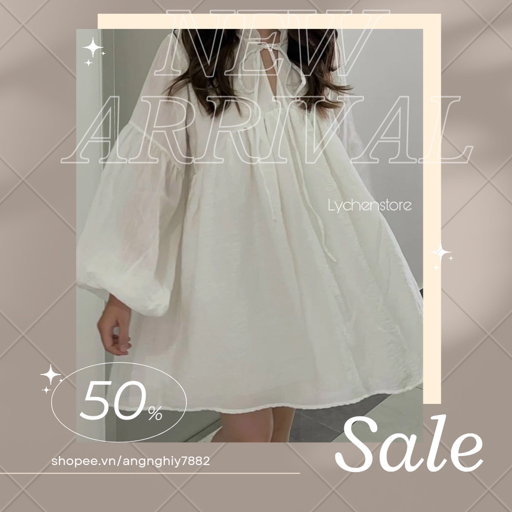 Váy đầm babydoll trắng cổ viền bèo thắt nơ dáng tay bí xòe hàng chuẩn freesize dự tiệc dạo phố dễ thương
