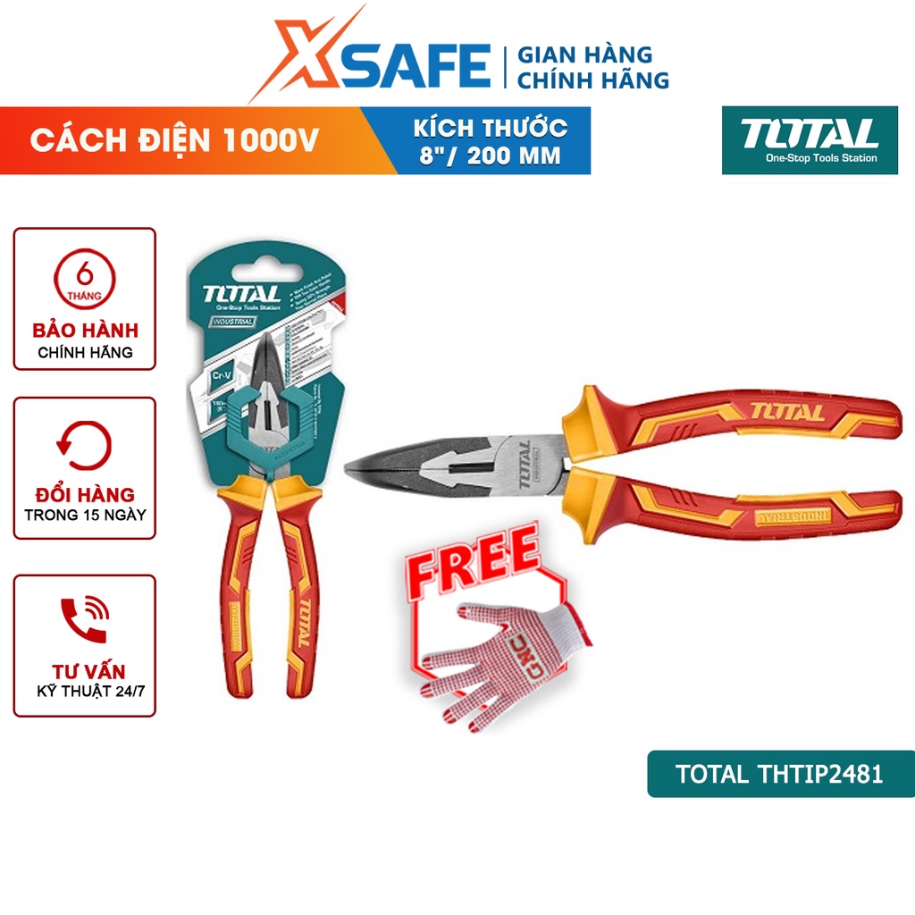 Kìm mũi nhọn mỏ cong cách điện TOTAL THTIP2481 Kềm cách điện kích thước 8inch, đầu mạ đen đánh bóng, cách điện 1000V