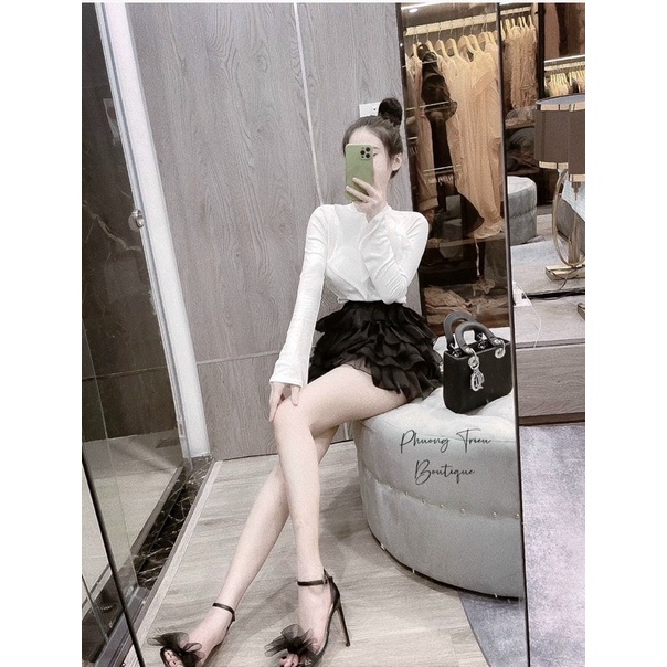 Set áo len cổ nơ + chân váy tầng