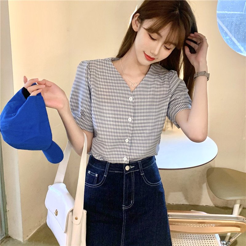 Áo sơ mi nữ ngắn tay cổ tim chữ V phong cách ulzzang Hàn Quốc S190
