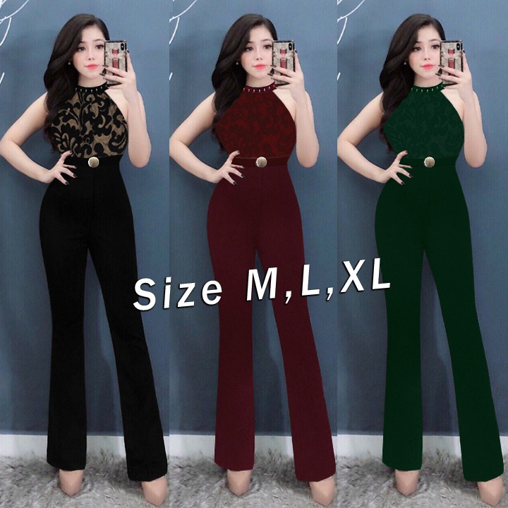 Jumpsuit nữ Dài Ống Suông Cổ Yếm Đính Hột Phối Ren Belt Liền J998