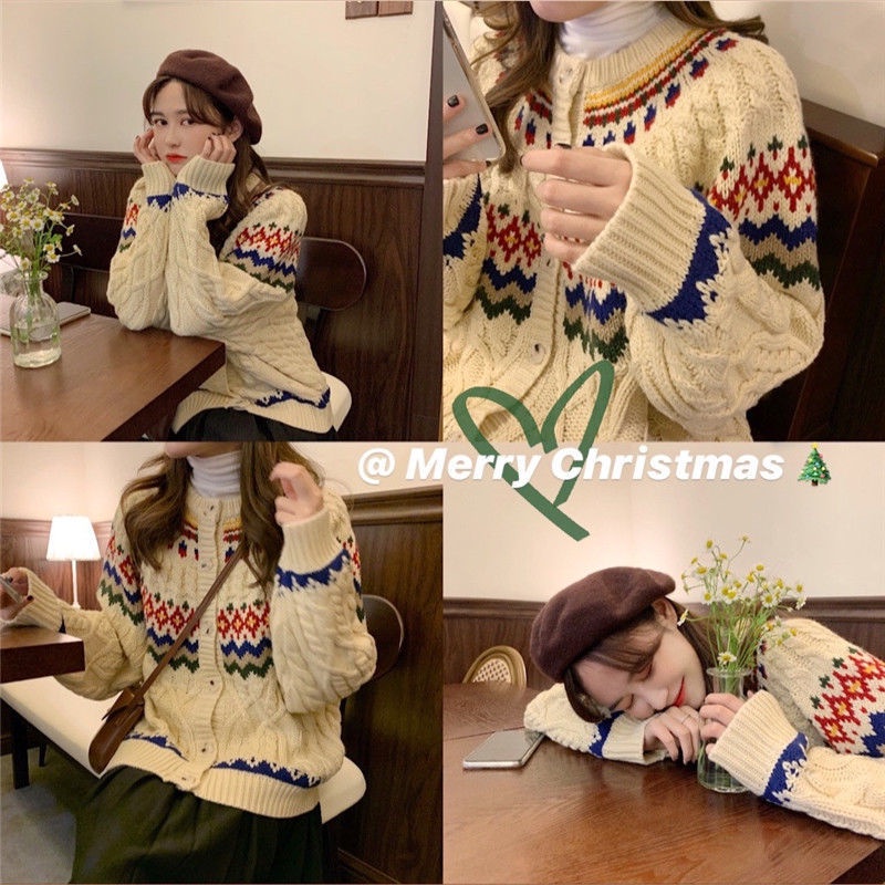 Áo khoác cardigan tay dài dáng rộng in họa tiết sọc màu cầu vồng phong cách thu đông cho nữ