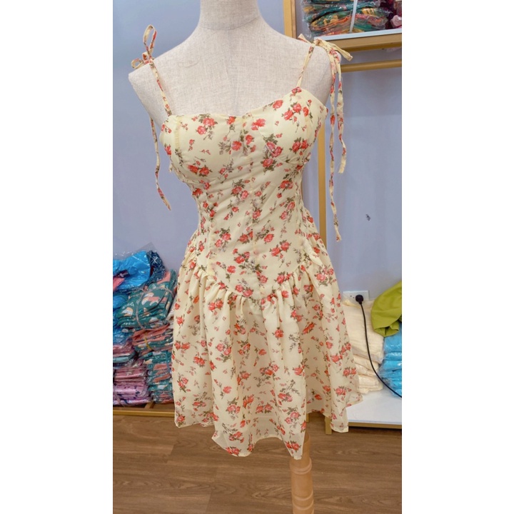 Đầm hai dây dáng chữ A họa tiết hoa nhí phongcách Retro thời trang mùa hè,Hai Dây Thắt Nơ Cách Điệu Hoa Nhí Xinh đi biển