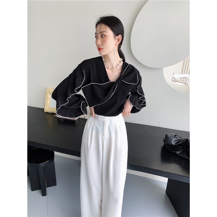 [HÀNG ĐẸP] Áo sơ mi nữ thắt nơ  cách điệu cổ và tay xếp bèo siêu xinh