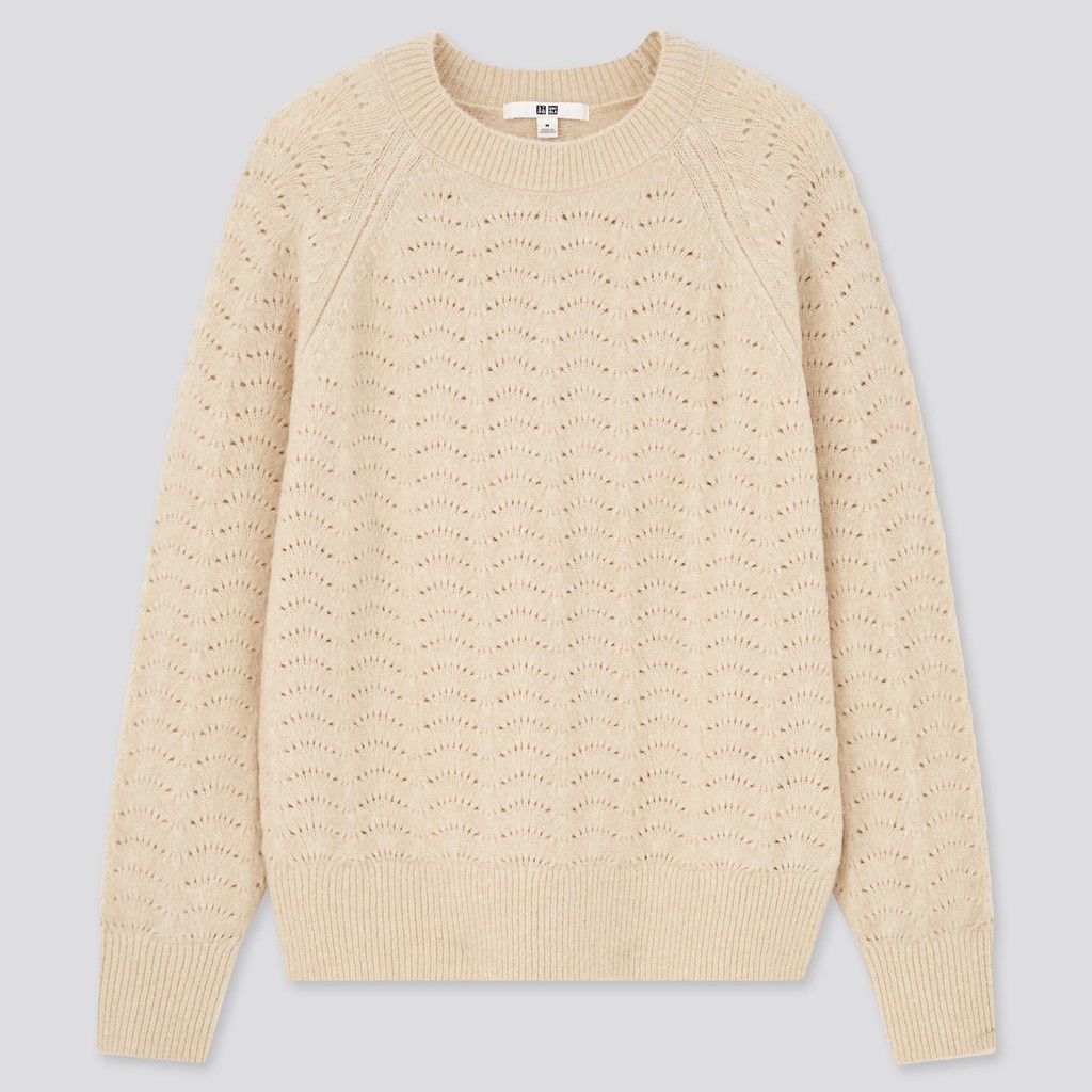 (UNIQLO chính hãng Nhật) Áo len nữ Souffle Yarn cổ tròn đan hoạ tiết | BigBuy360 - bigbuy360.vn