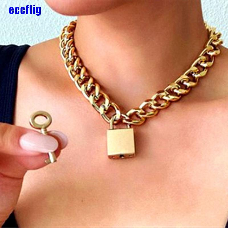 ECC Vintage Opening Lock Pendant Choker Fashion Thick Link Chain Necklace Jewelry