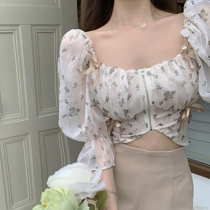Áo crop top tay ngắn in hoa kiểu Hàn Quốc dễ thương cho nữ