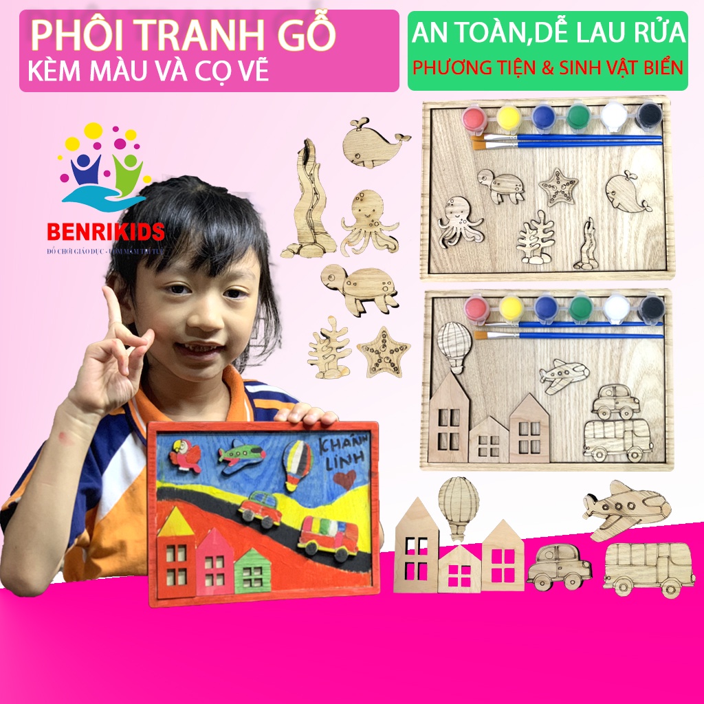 Bộ Khung Tranh Tô Màu Gỗ Kèm Mô Hình Phương Tiện,Sinh Vật Biển Bằng Gỗ Cho Bé Sáng Tạo Tranh Nổi,Đồ Chơi Trẻ Em