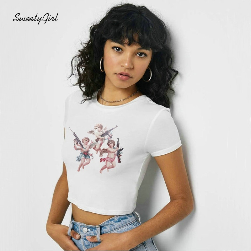 Áo croptop ngắn tay cổ tròn in họa tiết thiên thần thời trang trẻ trung cho nữ