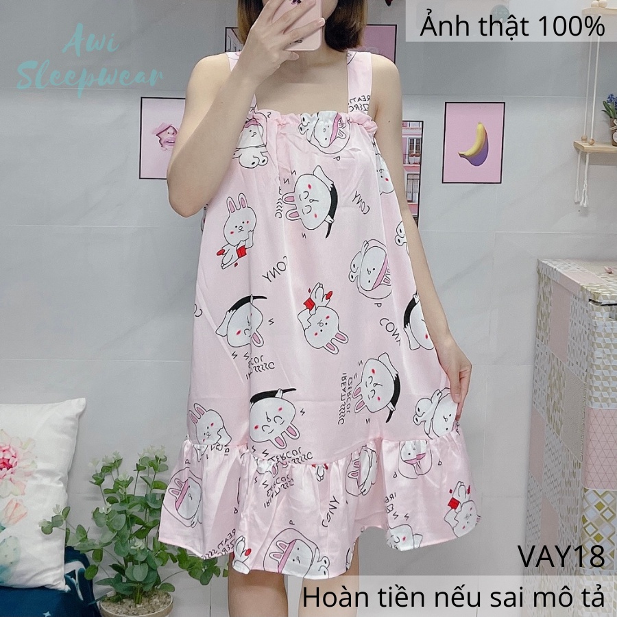 Váy Ngủ 2 Dây Hình Thỏ Cony Dễ Thương Chất Satin Mát Lạnh - Awi Sleepwear