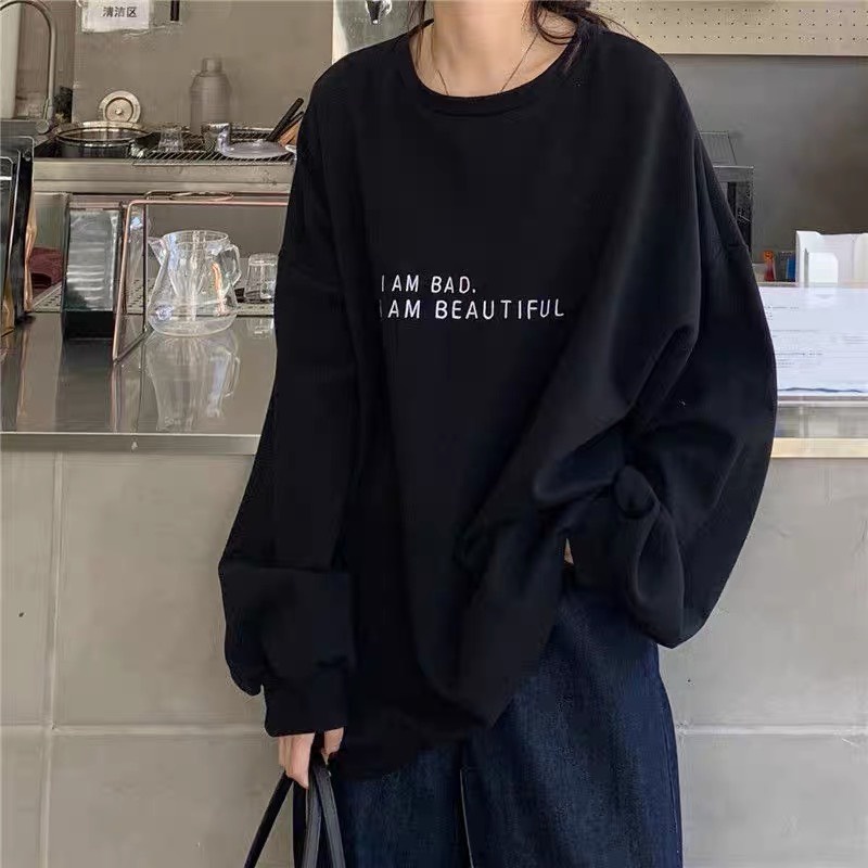 Áo Sweater In Chữ Beautiful Cực Xinh Áo Sweater Tay Bồng Chất Nỉ Ngoại Dày Dặn Form Rộng Freesize Unisex Ảnh Thật