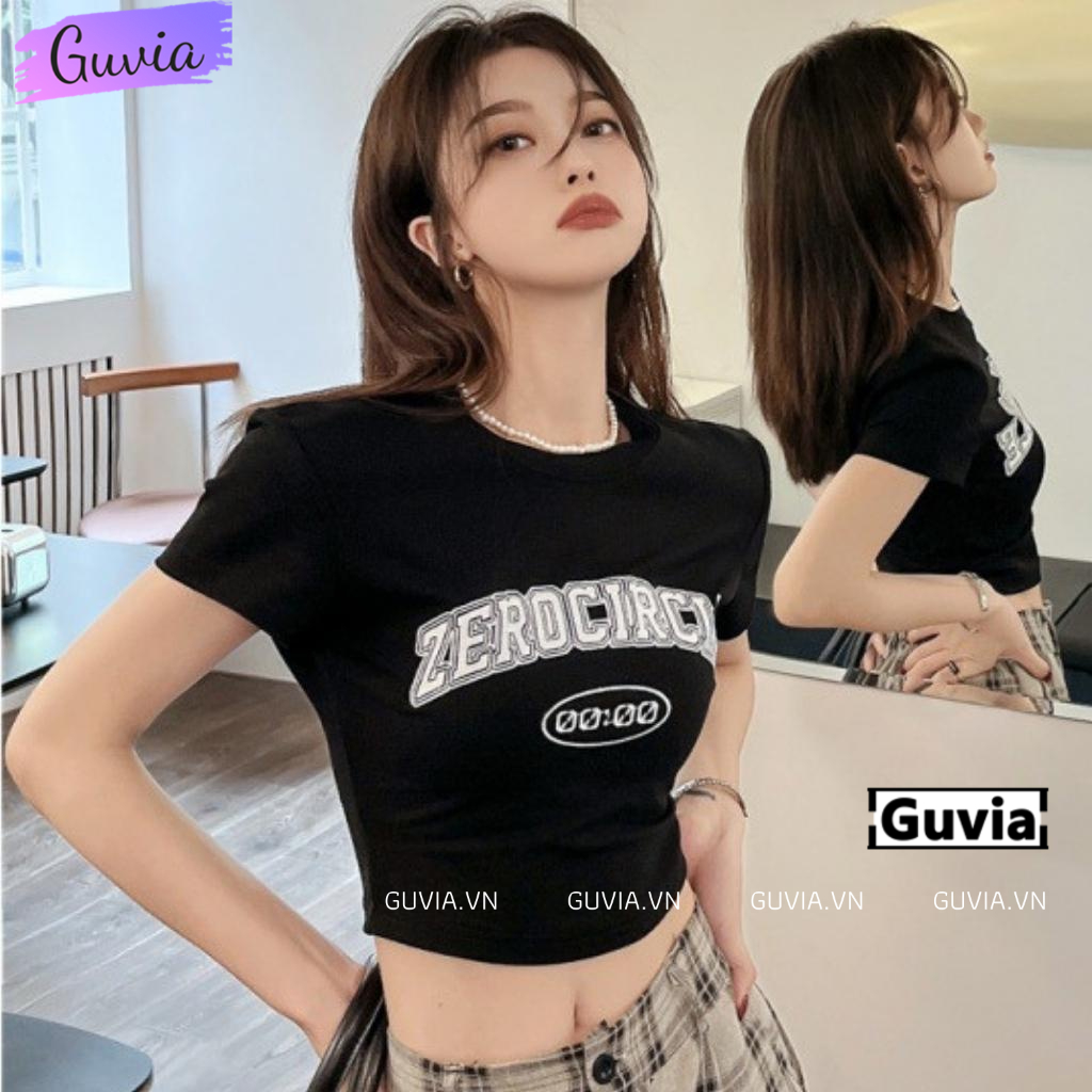 Áo Croptop Ôm Body Nữ ZERO CIRCLE Cổ Tròn Tay Ngắn, Áo Thun Croptop Kiểu In Họa Tiết GUVIA CR87