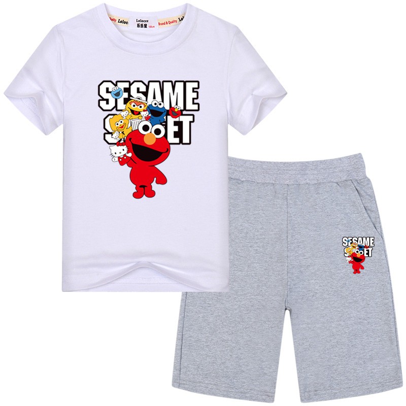 Bộ Quần Áo 2 Mảnh Áo Thun Tay Ngắn 2020 In Hình Sesame Street Cho Bé Trai