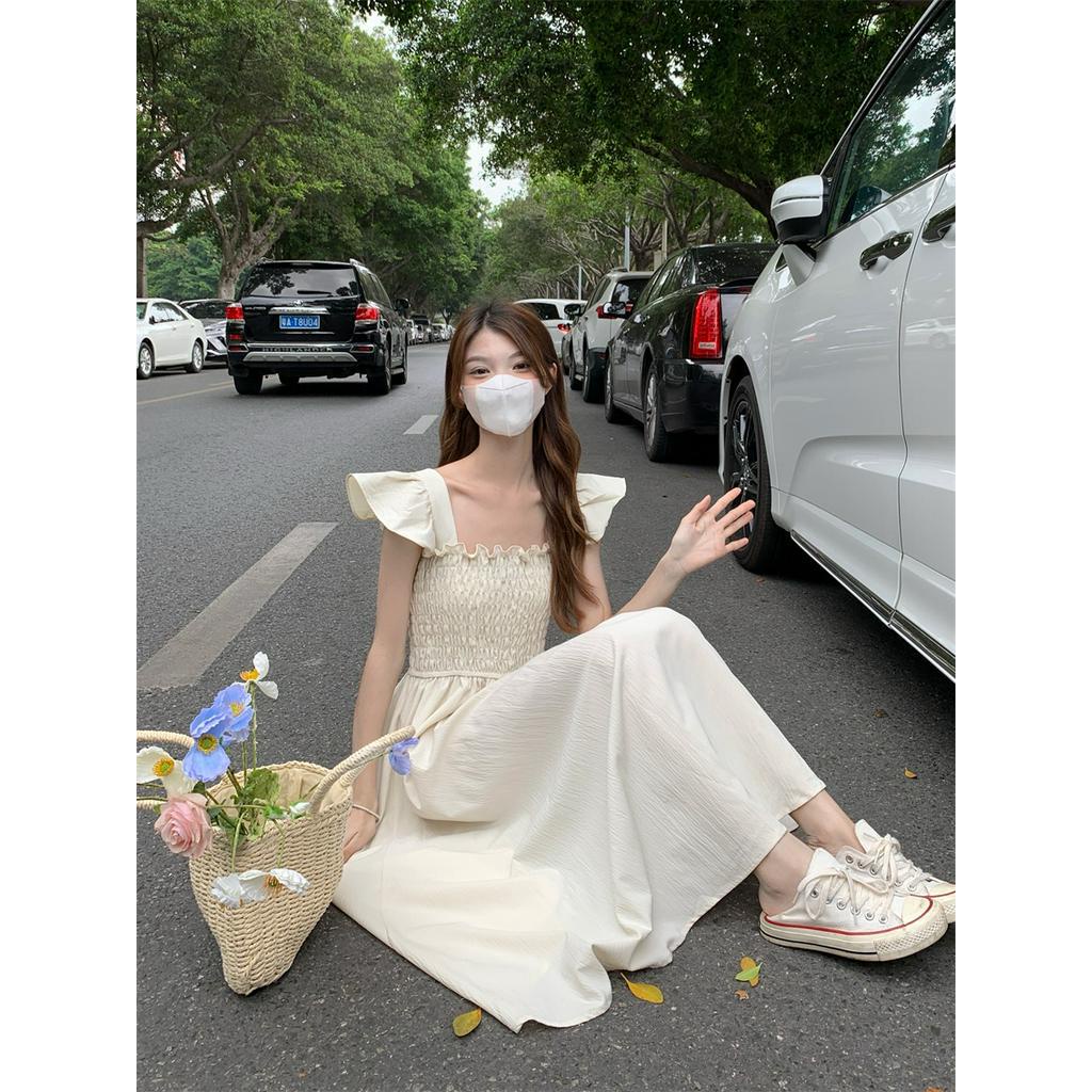 Đầm Đi Biển Cổ Vuông Màu Đen Phong Cách Vintage Dành Cho Nữ