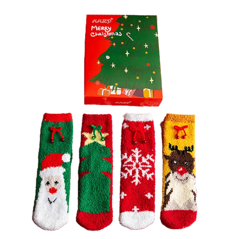 Set 4 Đôi Tất Sợi Nhỏ Dày Giữ Ấm Mùa Đông In Họa Tiết Giáng Sinh Cho Nữ