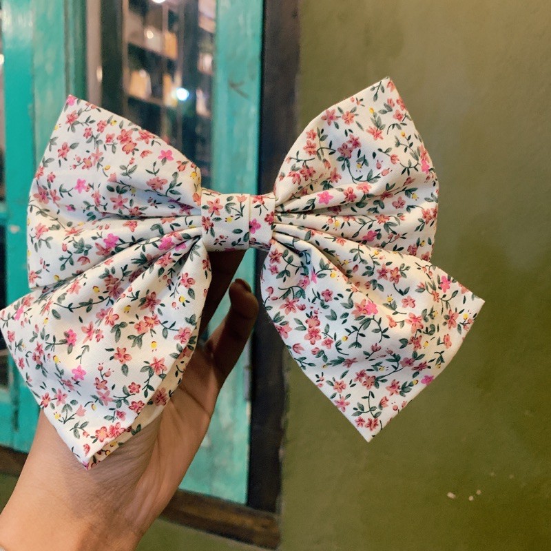 Kẹp tóc bản to nơ lớn hoạ tiết hoa nhí vintage N13