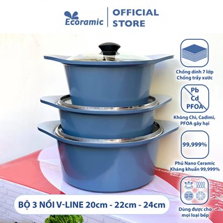 |CHÍNH HÃNG| Bộ 3 nồi chống dính đáy từ ECORAMIC(Tặng cặp nhấc nồi Silicon Made in Korea cùng màu với bộ nồi)