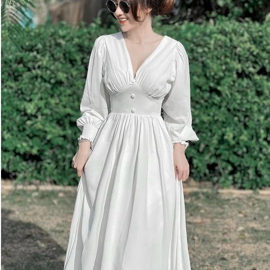 Đầm Maxi Dáng Xòe Dự Tiệc Cổ Tim Hai Màu Trắng Đỏ Tiểu Thư Đi Biển Dạo Phố Sang Chảnh Thời Trang Váy Nữ Minh Phúc