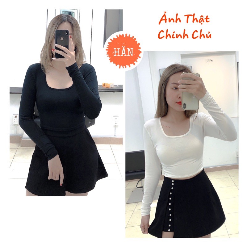 Áo thun tay dài cổ vuông ❤️ Áo kiểu croptop Đen, Trắng chất thun lụa