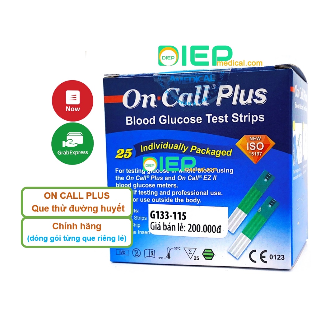 ✅ ON CALL PLUS 25 QUE (VỈ XÉ) HOẶC HỘP 50 QUE – Que thử đường huyết chính hãng ACON máy On Call Plus, On Call EZII