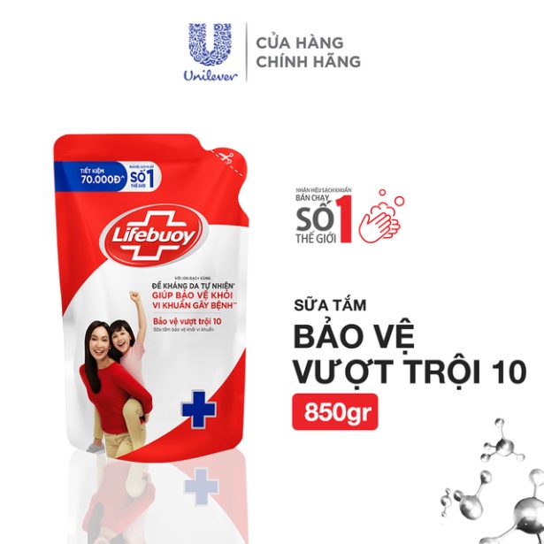 Sữa tắm Lifebuoy túi 850g dưỡng ẩm mềm mịn giúp bảo vệ khỏi 99.9% vi khuẩn và ngăn ngừa vi khuẩn lây lan trên da