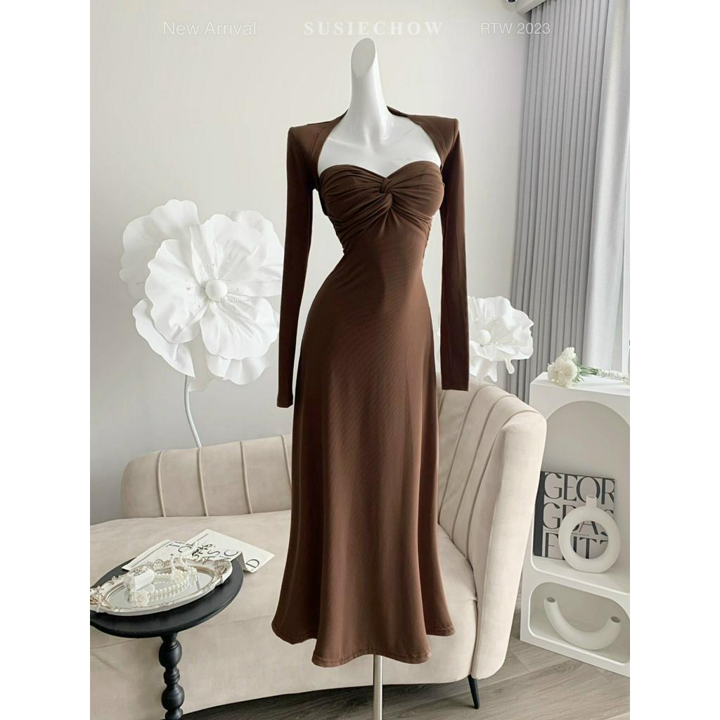 Set váy len quây xòe xoắn ngực áo khoác ngoài dài tay, dáng dài  vải len co giãn thoải mái mặc đi chơi, đi tiệc | XKSB64