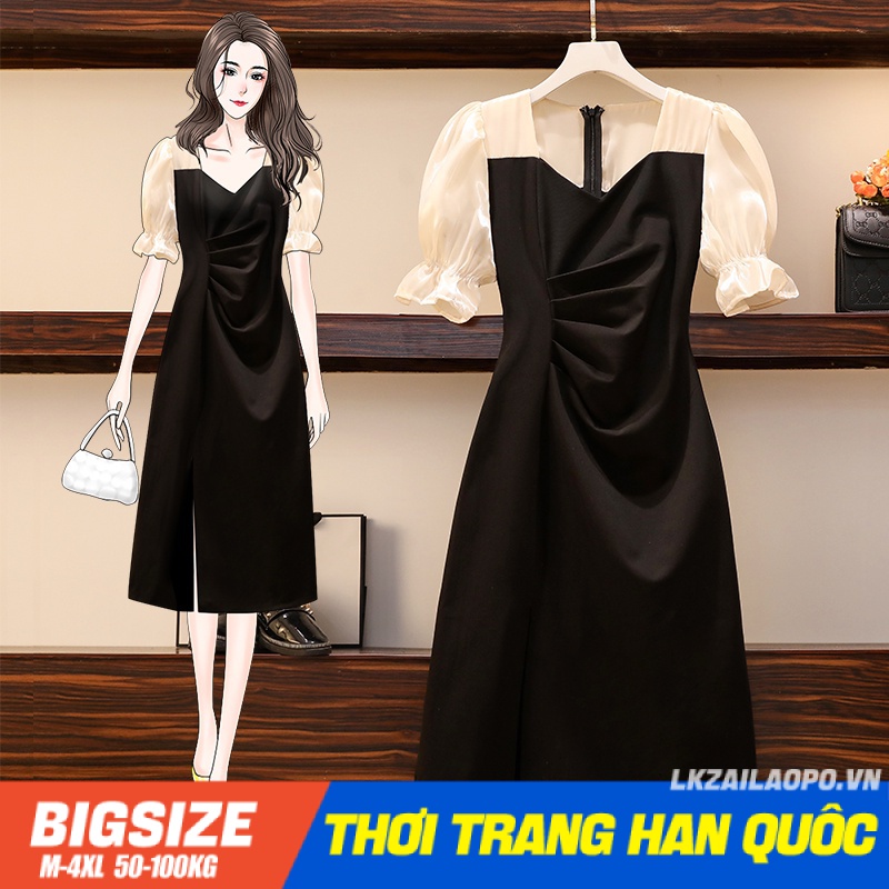 Đầm dáng dài Bigsize Váy nữ tay ngắn cổ vuông xếp ly mùa hè Phong cách Hàn Quốc Thời Trang tiểu thư sang chảnh cá tính xinh đẹp quảng châu cao cấp