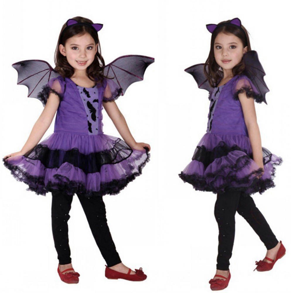 Bộ trang phục hóa trang Halloween gồm váy + băng đô cài tóc + cánh dơi độc đáo dành cho bé gái