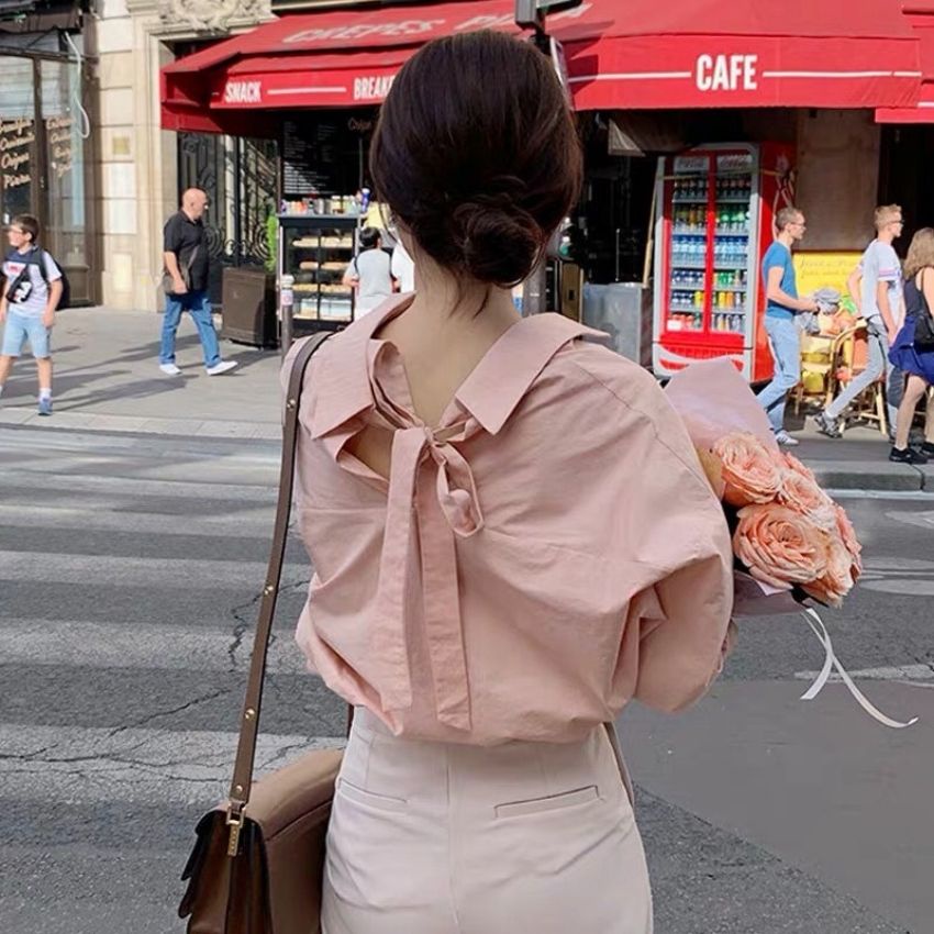 Áo sơ mi nữ tay dài cột nơ phía sau – Phong cách công sở - Style Hàn Quốc - Kemi