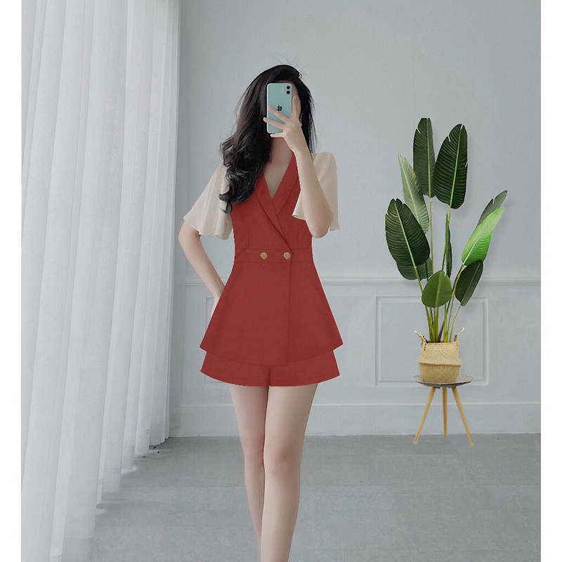 Set đồ nữ nguyên bộ áo cổ vest tay phối lưới quần đùi cá tính J1158