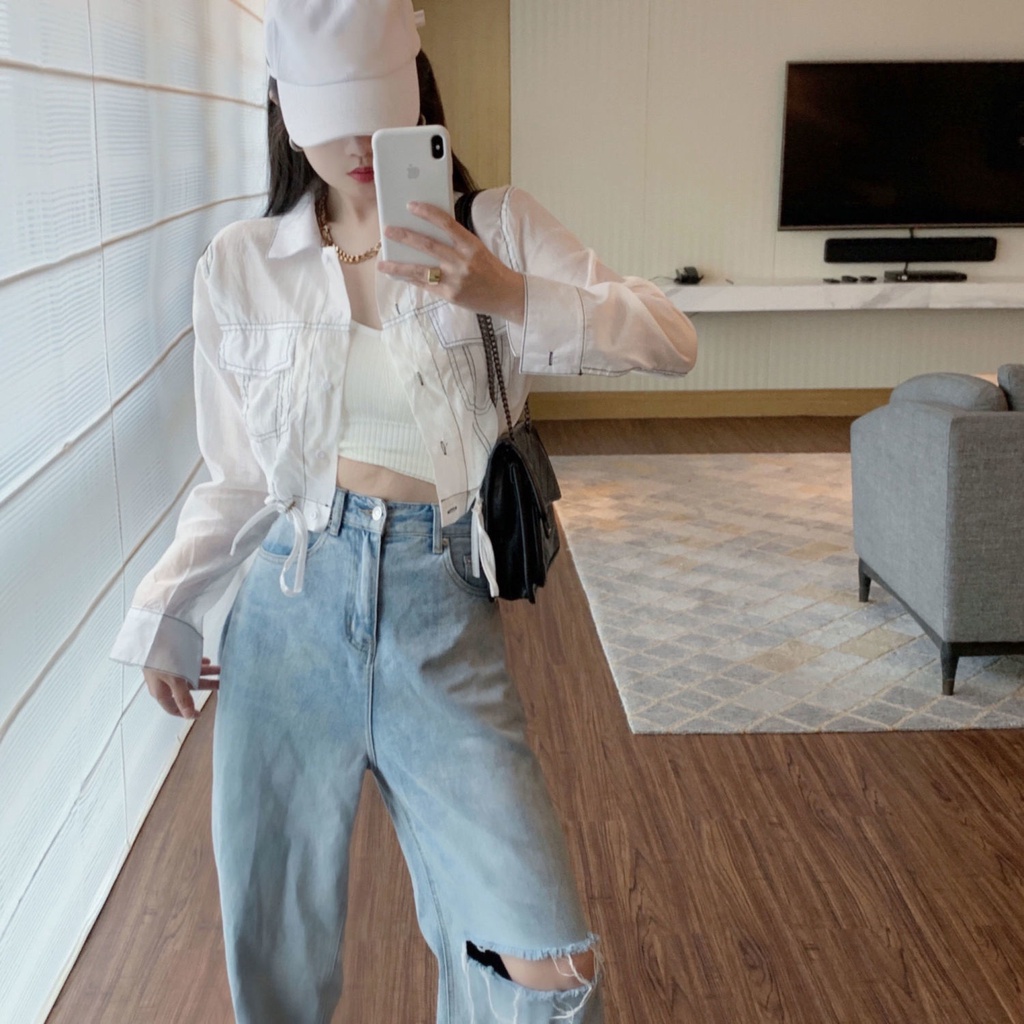 Áo Khoác Chống Nắng Mỏng Dáng Ngắn Dây Rút Xuyên Thấu Thời Trang Mùa Hè Cho Nữ