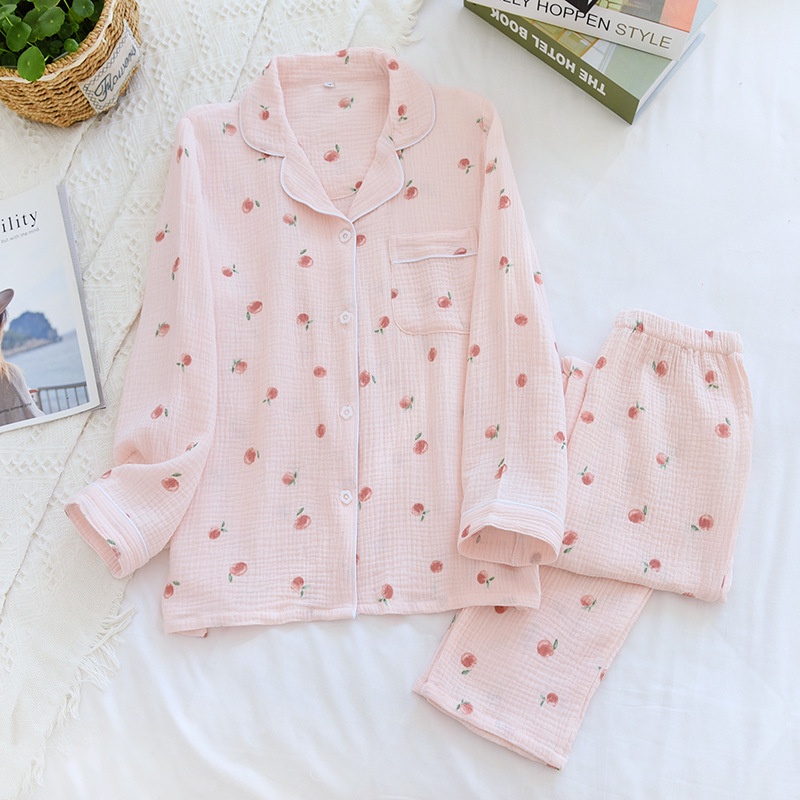 Bộ pijama xô muslin dài tay - mẫu trái đào nhỏ