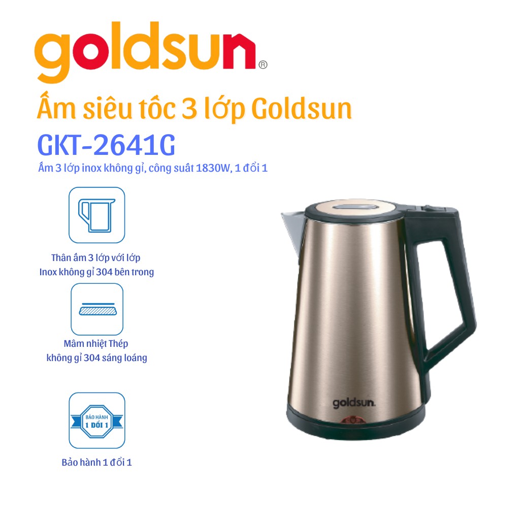 [Mã ELHADEV giảm 4% đơn 300K] Ấm siêu tốc 3 Lớp Goldsun GKT2641G 1l7 Hàng chính hãng