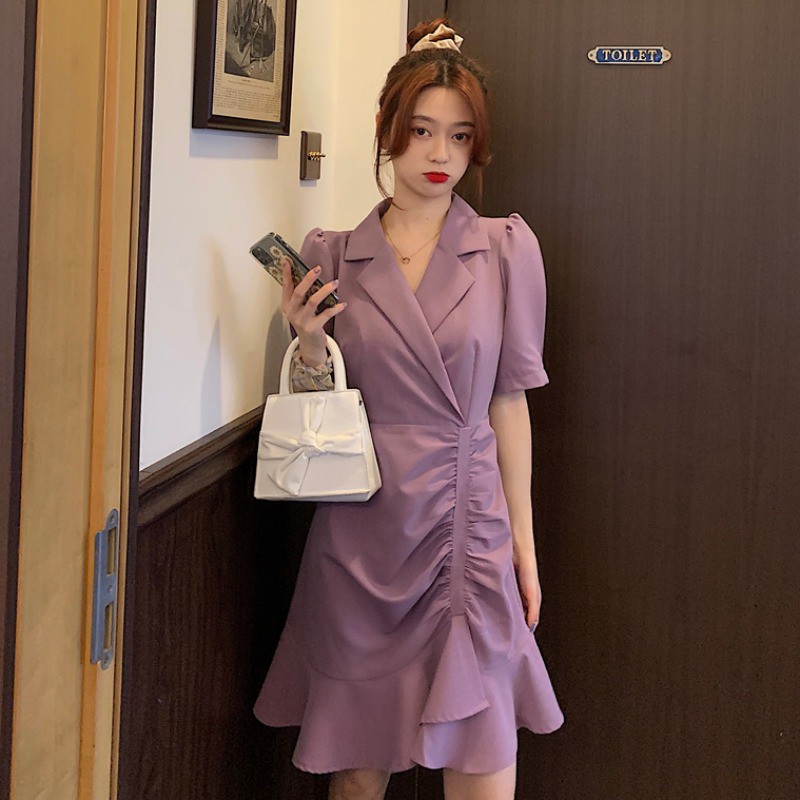 (Order) Đầm tím hồng cổ Vest đuôi cá dây rút phong cách Hàn Quốc