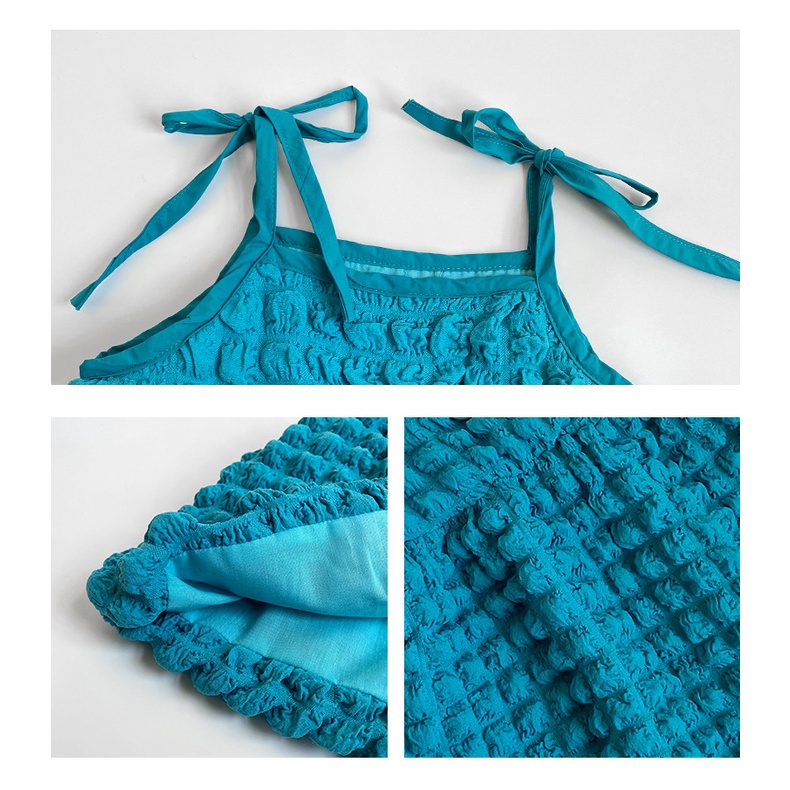 Set Áo Thun Tay Ngắn Màu Trắng + Đầm Hai Dây Màu Xanh Dương Dễ Thương Cho Bé Gái