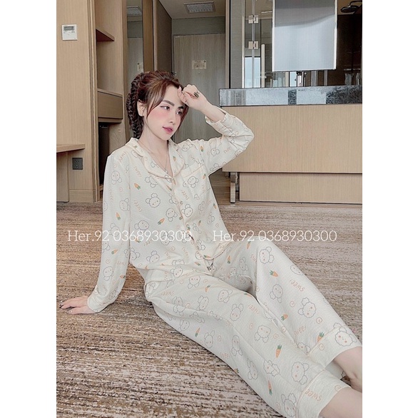 Bộ pijama mặc nhà áo dài quần dài chất đũi xốp hoạ tiết hàng thiết kế cao cấp