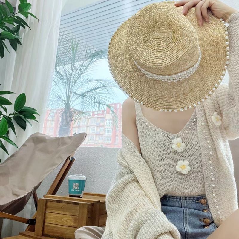 Sweet Soft Gradient Color Striped Knitted Cardigan Two-Piece Set Mori Style Small Flower Beaded Sweater Coat